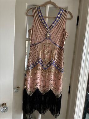 Vintage Pink Sequin Fringe Flapper Dress with Blue & Gold Detailing